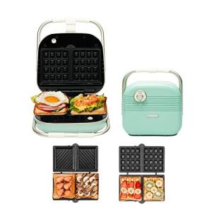 SOLEMOOD ホットサンドメーカー 耳まで焼ける 電気 ワッフルメーカー 着脱式 コンパクト マルチサンドイッチ 厚焼 ダブル 両面 プレート2種