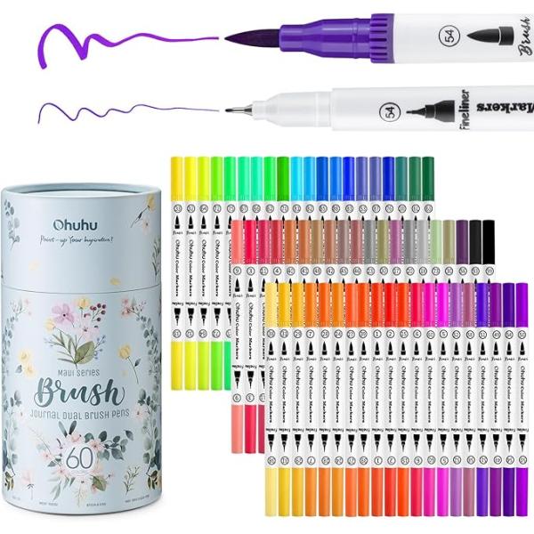 Ohuhu アートマーカーペン 60色 筆先 水彩ペン 水性 ふでタイプ ふで・極細 ブラッシュ 鮮...