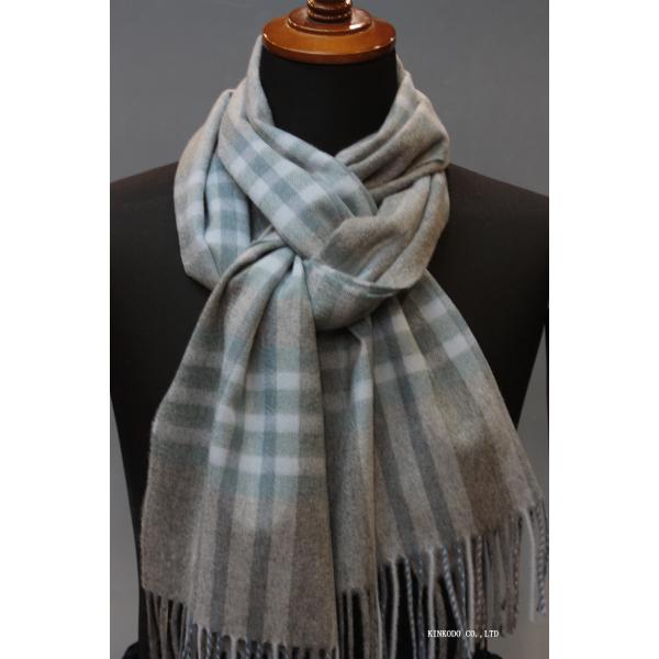 Johnstons of Elgin カシミヤチェックマフラー（グレー×サックス系）36×185