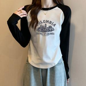 ラグラン ロングTシャツ 長袖 レディース カットソー 韓国ファッション プリント デザイン ラウンド裾 ラグラン長袖カットソー 春 秋 冬 インナー 着回し コーデ｜shop-mirise