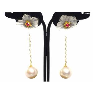 パール ルビー フラワーモチーフピアス K18 2.8g　Jewelry Pearl 8.0mm Ruby Flower-motif Earring｜shop-sakae