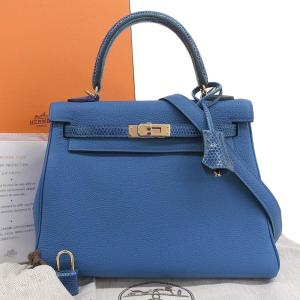 エルメス HERMES ケリータッチ 25 内縫い 2WAYバッグ トゴ リザード ブルーフランス ゴールド金具 U刻印 本物保証 箱・布袋付 新品同様