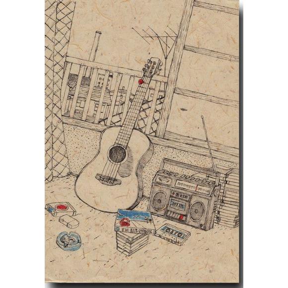 和道楽 ペン画ポストカード ギターとラジカセの青春 懐かしい絵葉書
