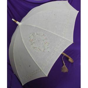 ベトナム刺繍傘 日傘・雨傘兼用 グレー 日本製 綿 麻 手作業 日傘（晴雨兼用） 長傘 クリザンテーム刺繍 ピーチ｜ポール