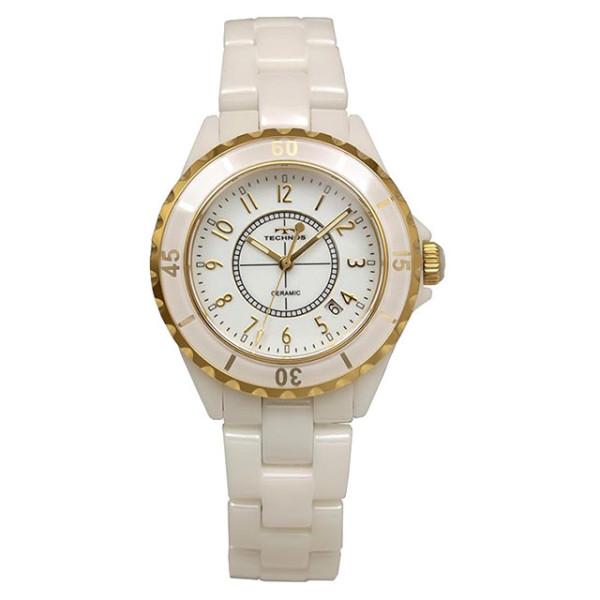 テクノス 国内正規品 TECHNOS 即納 オールホワイトセラミック/ゴールド アラビックダイアル ...