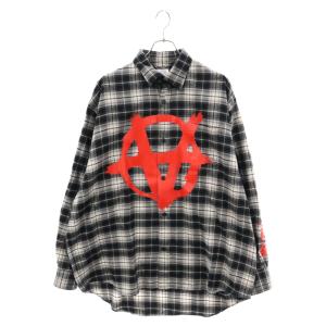 VETEMENTS ヴェトモン 22AW Double Anarchy Flannel Shirt 袖ロゴ アナーキーロゴ フランネル 長袖チェックシャツ ホワイト/ブラック｜shopbring