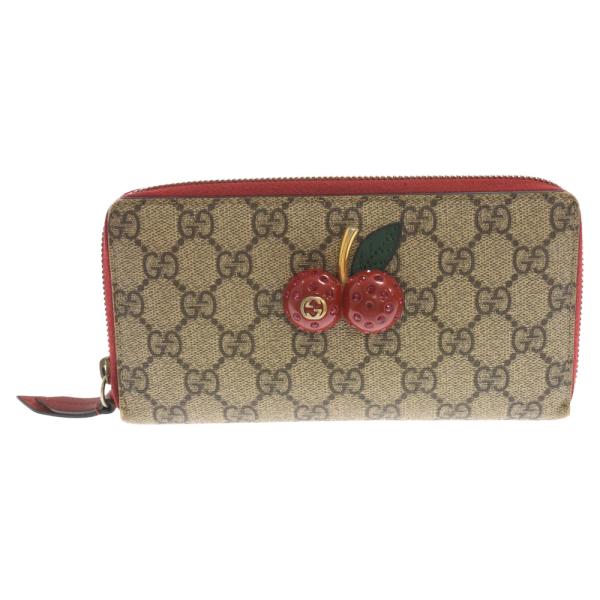 GUCCI グッチ チェリー GGスプリーム ラウンドファスナー 長財布 ベージュ 476049