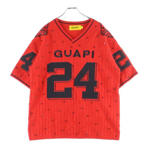 GUAPI グアピ ラインストーン装飾 半袖Tシャツ カットソー レッド