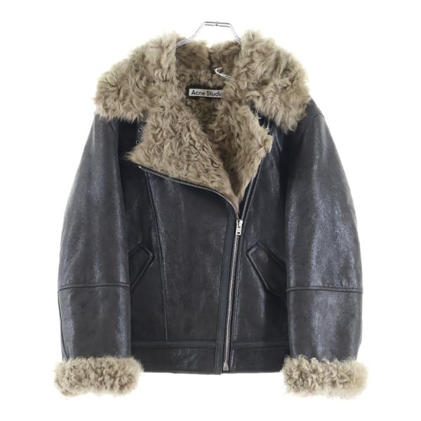 アクネ ストゥディオズ バックロゴプレート ダブルブレスト レザーシアリングジャケット ブラウン レ...