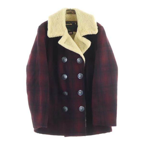 SCHOTT ショット フラワービッグコンチョ ウールチェック柄 ボアランチコート ジャケット レッ...