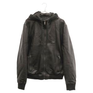 DOLCE & GABBANA ドルチェアンドガッバーナ フード&ロゴプレートラムレザーレザージャケット ブラック G9PB8L｜shopbring