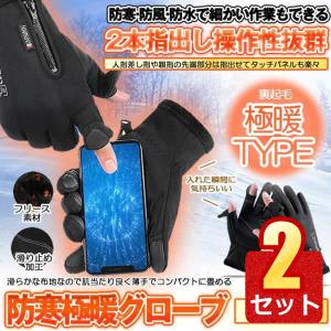 2個セット アウトドアグローブ スマホ 手袋 防寒グローブ スポーツグローブ スマホ対応 手ぶくろ 防寒 防水 2本 指だし 裏起毛 バイク 自転車 滑り止め HOYUBI