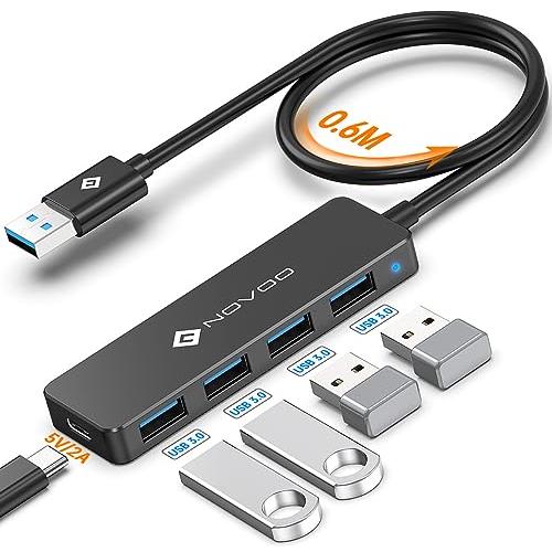 NOVOO スリム設計 4-in-1 USB ハブ 3.0 60cm延長ケーブル付き5V/2A 電源...