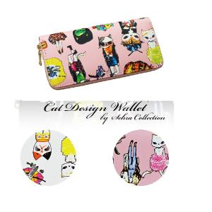 猫 デザイン ラウンドファスナー 女性長財布 お洒落な イラスト 長財布 キャット レディース財布 女性財布 ピンク 白 黒 猫柄 財布  かわいい ねこ プレゼント