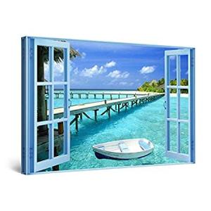 Startonight Canvas Wall Art Window to Paradise Beach, Windows Framed Wall D