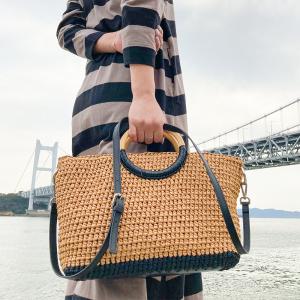 Roberto pancani（ロベルト・パンカーニ）／　かごバッグ　ラフィア　バンブーハンドルトートバッグ　ブラウン×ブラック