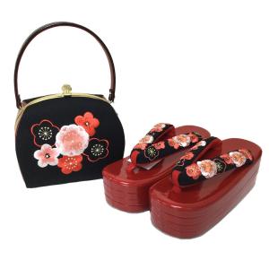 草履バッグセット フリーサイズ 黒×赤 梅刺繍 日本製 振袖