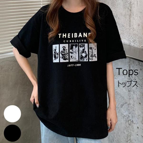 Tシャツ バンド T ロック レディース 五分袖 ゆるTシャツ ゆったり ラウンドネック お洒落 カ...