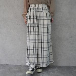 チェックフレアーワイドパンツ スカーチョ 麻 ...の詳細画像1
