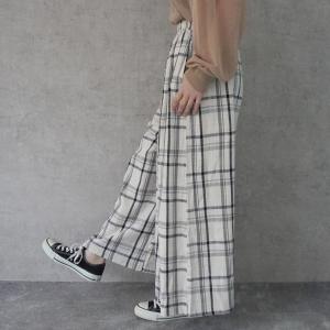 チェックフレアーワイドパンツ スカーチョ 麻 ...の詳細画像2