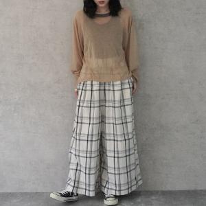 チェックフレアーワイドパンツ スカーチョ 麻 ...の詳細画像4