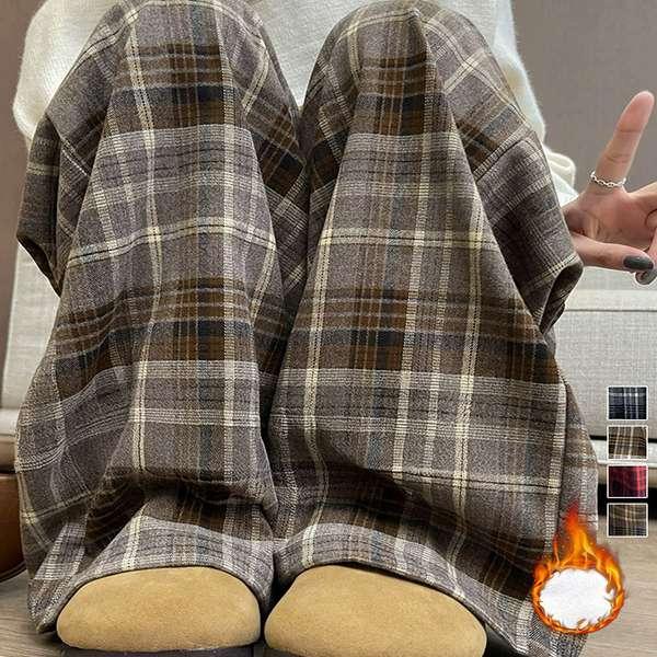 送料無料 裏起毛チェックパンツ イージーパンツ 暖かリラックスパンツ 体型カバー長ズボン ルーズシル...