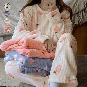 送料無料 もこもこ 桃柄ルームウェア ふわふわ セットアップ 可愛い 部屋着 冷え防止 寝巻き 秋冬 ナイトウェ