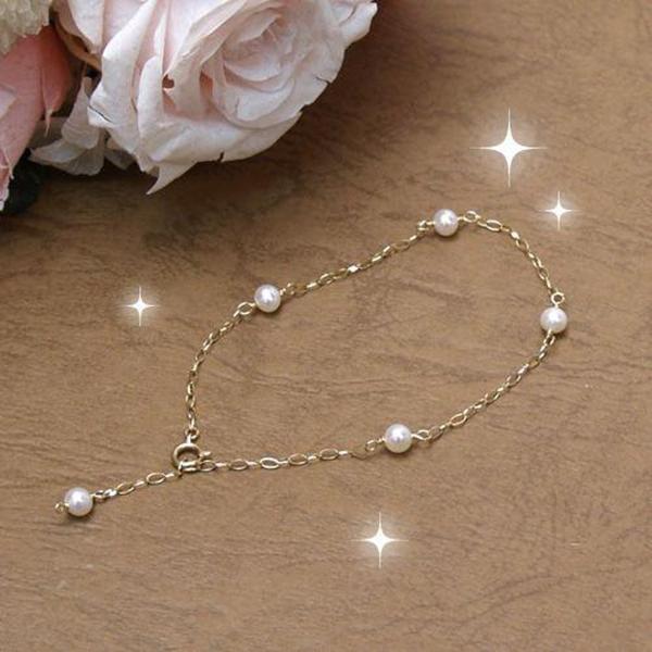 ブレスレット K10 ゴールドチェーン パール ステーション 淡水パール 淡水真珠 4-4.5mm ...