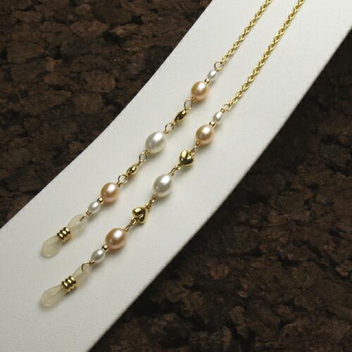 メール便 メガネチェーン 淡水真珠 めがねチェーン ほんのりオレンジ プチハート 淡水パール 眼鏡 ...