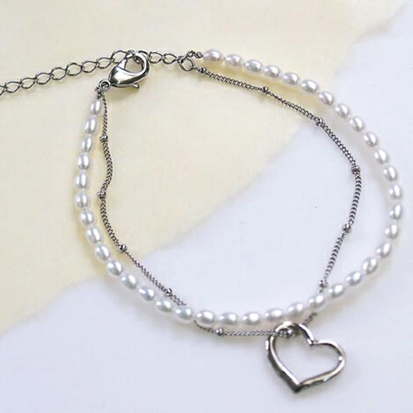 メール便 ブレスレット 淡水パール オープンハート 2連 淡水パール ハートモチーフ シルバーカラー...