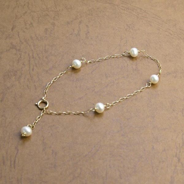 ブレスレット K10 ゴールドチェーン パール ステーション 淡水パール 淡水真珠 5-5.5mm ...