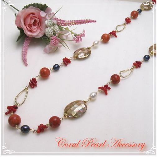 サンゴ＆パールネックレス 淡水真珠 スポンジサンゴ 珊瑚 term クリスマス ギフトに プレゼント...