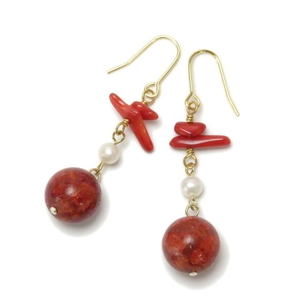 メール便 サンゴ ＆ パール ピアス イヤリング 淡水真珠 スポンジサンゴ 珊瑚 レディース おしゃ...