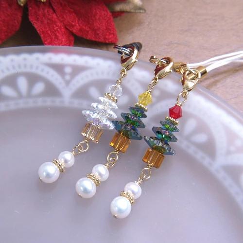 メール便 ストラップ クリスマスツリー ＆ 雪だるま スワロフスキー 根付 根付けストラップ スノー...
