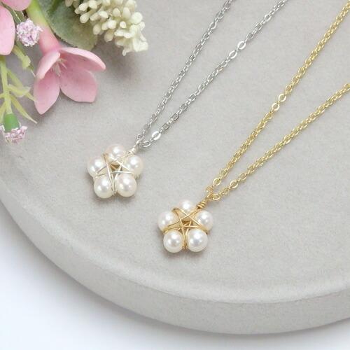 淡水パール ペンタゴンスターフラワー パール ペンダント ネックレス ゴールドカラー シルバーカラー...