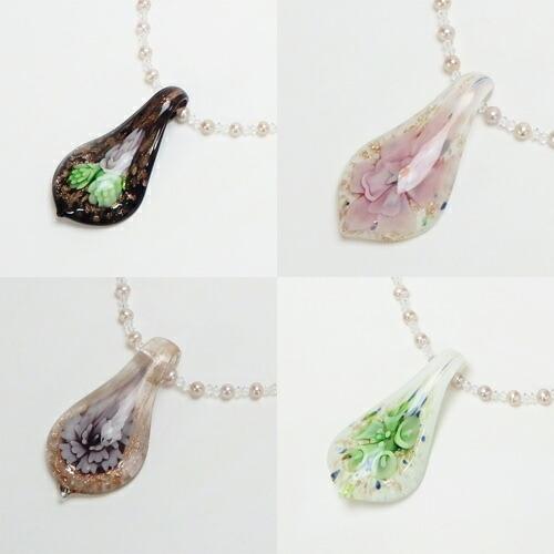 メール便 一点モノ ガラス ペンダントトップ 淡水真珠 ネックレス 2 パープルネックレス ガラス細...