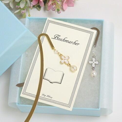 クロネコ便 ギフトケース入り しおり ブックマーカー 白いお花 ＆ 淡水パール  スワロフスキー 金...