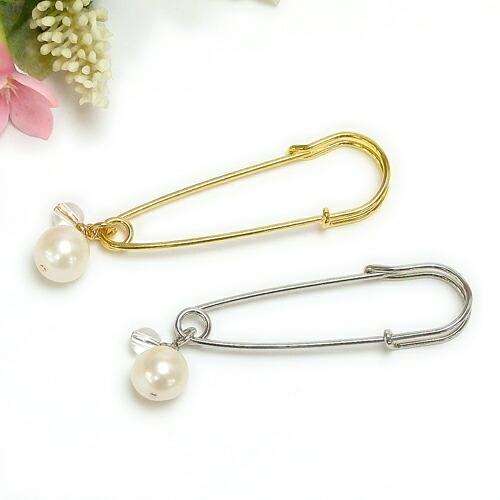 メール便 淡水パール 水晶 カブトピン ブローチ ゴールドカラー 真珠 ショールピン ストールピン ...