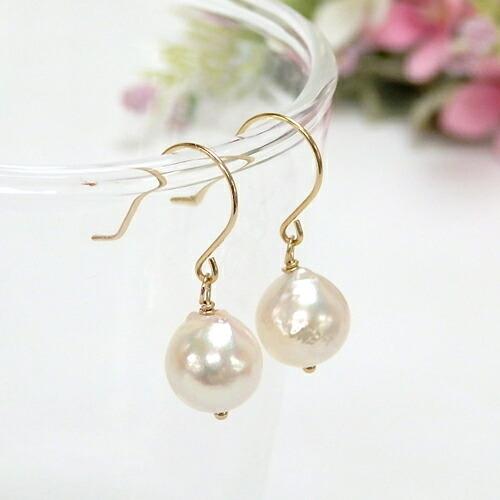 あこや バロック 真珠 K18 フック ピアス レディース パール クリーム系 18金 イエローゴー...