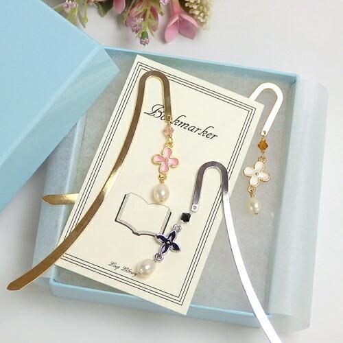 クロネコ便 ギフトケース入り しおり ブックマーカー 3種 スワロフスキー 淡水パール お花 クロス...