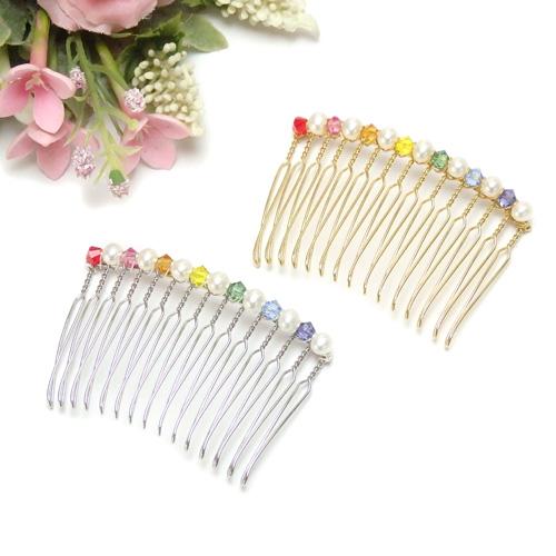 ヘアコーム 七色 厄除け 開運 スワロフスキー 淡水パール ヘアアクセサリー 淡水真珠 虹 髪飾り ...