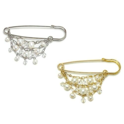じゃらじゃら 淡水パール &amp; スワロフスキー カブトピン ブローチ 真珠 ショールピン ストールピン...