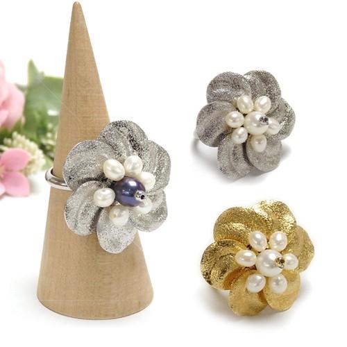 ギフトケース入り メタル フラワー 淡水パール リング フリーサイズ 花 指輪 淡水真珠 シルバー ...