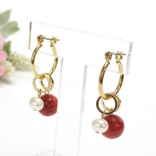 サンゴ パール フープ チェンジャブル ピアス 4WAY 淡水真珠 スポンジサンゴ 珊瑚 真珠 レデ...