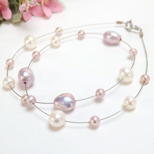 ピンク バロックパール  軽やか ステーション ワイヤー ネックレス 淡水真珠 淡水パール 真珠 バ...