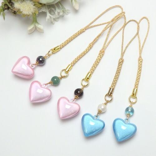 メール便 ハート 水琴鈴 ＆ 天然石 根付 ゴールド色 ストラップ キーホルダー ミュージックボール...