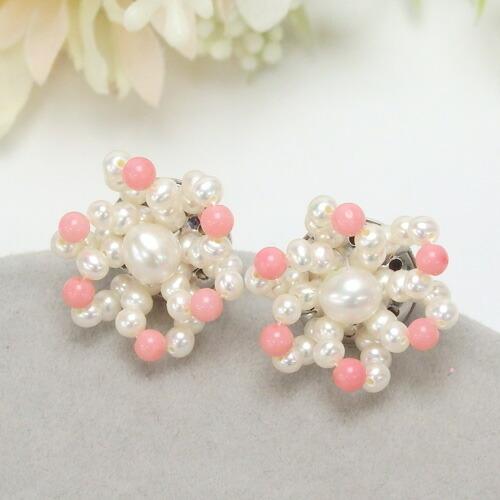 ピンク サンゴ 淡水真珠 フラワー ピアス イヤリング 淡水パール レディース 珊瑚 染 コーラル ...