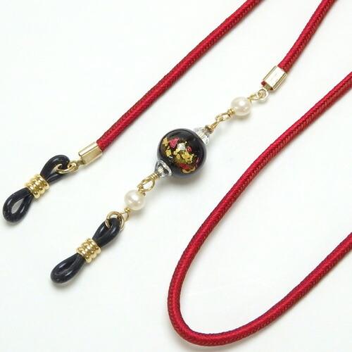 メール便 メガネチェーン 蒔絵 新漆 大 金箔 金粉 淡水パール スワロフスキー 正絹 組紐 シルク...