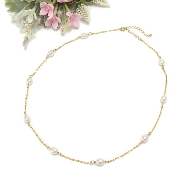 メール便 ネックレス 淡水パール ステーションネックレス チェーン パール 淡水真珠 ゴールドカラー...
