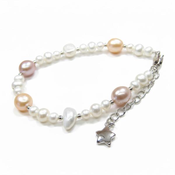 メール便 ブレスレット 淡水真珠 パステルカラーパール 星パーツ シルバー 銀製 スター バロック ...